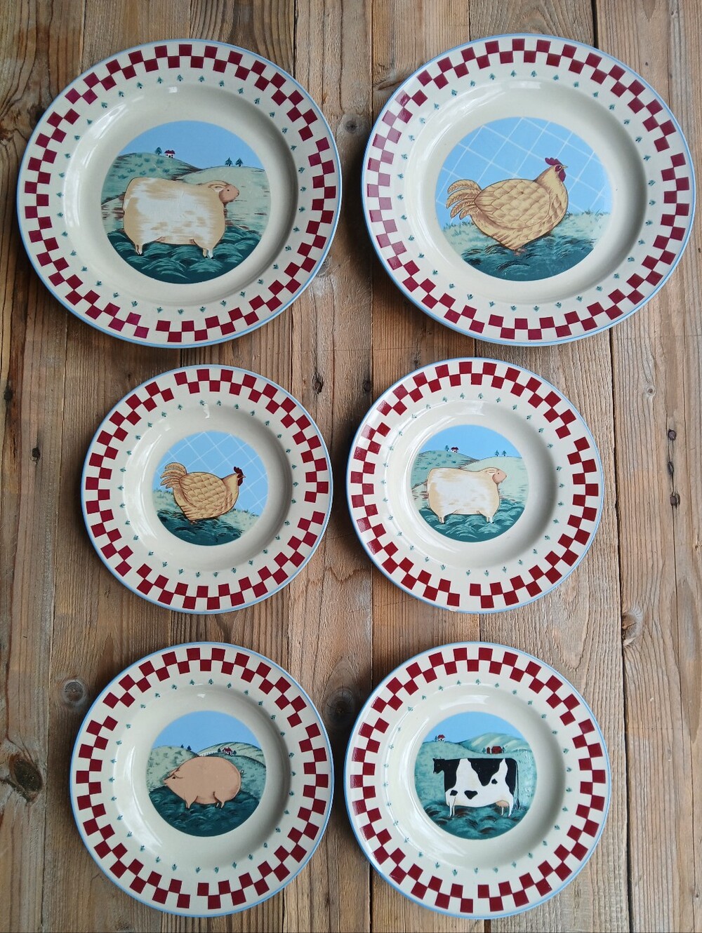 Country Farm Animal Plates/Set Of 6/ Cottagecore/ Tienshan STONEWARE